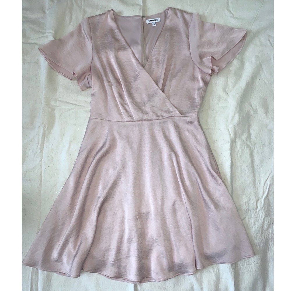 Express USED Satin Surplice Flutter Sleeve Dress